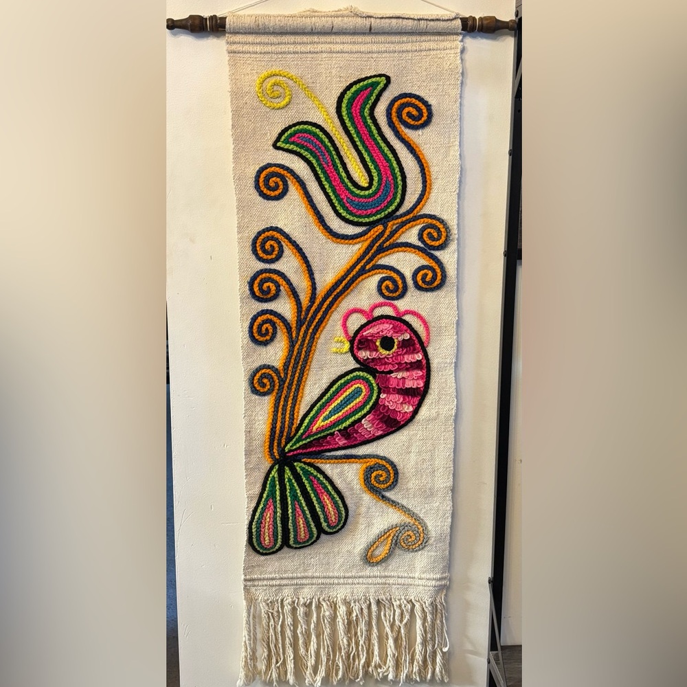 Vintage 60s yarn painting bird of paradise folk art wall hanging